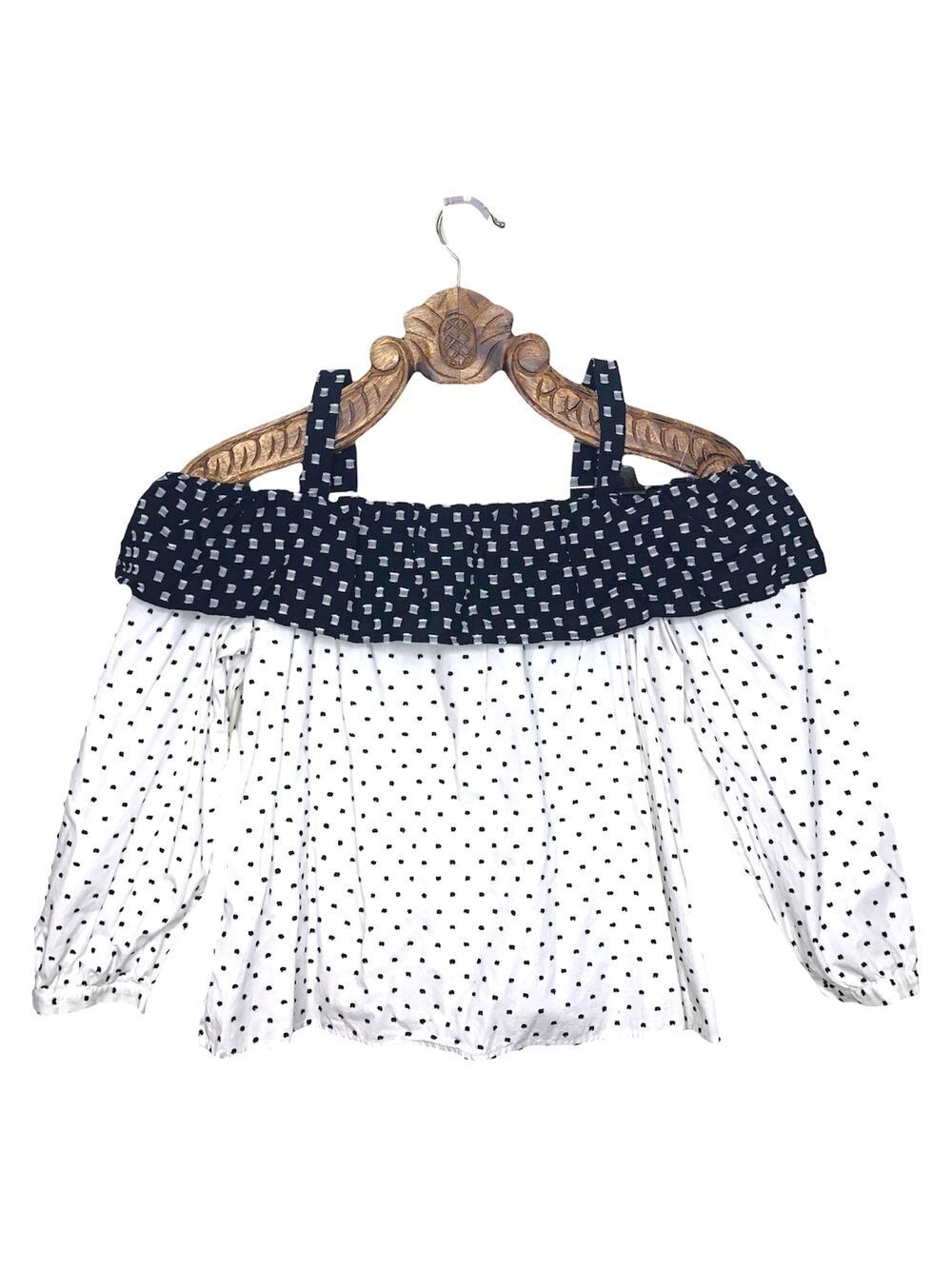 LOFT Top Cold Off the Shoulder Embroidered Clip Dot Color Block Flounce Shirt SP